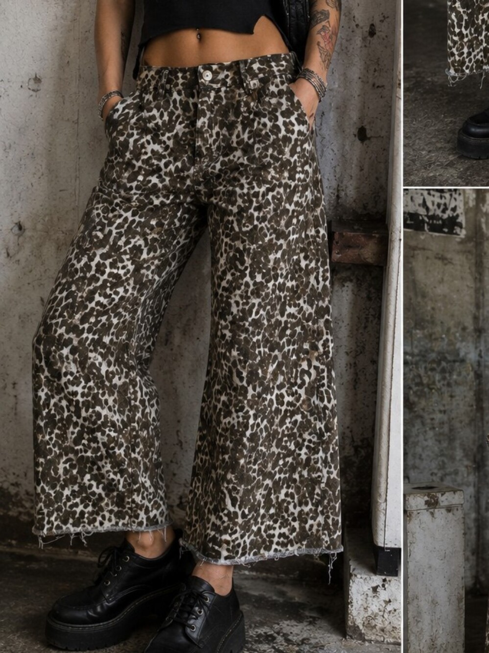 Sincerely Jules Leopard Cotton  Wide Leg Jeans Crop 9/29 Raw Hem Animal Print